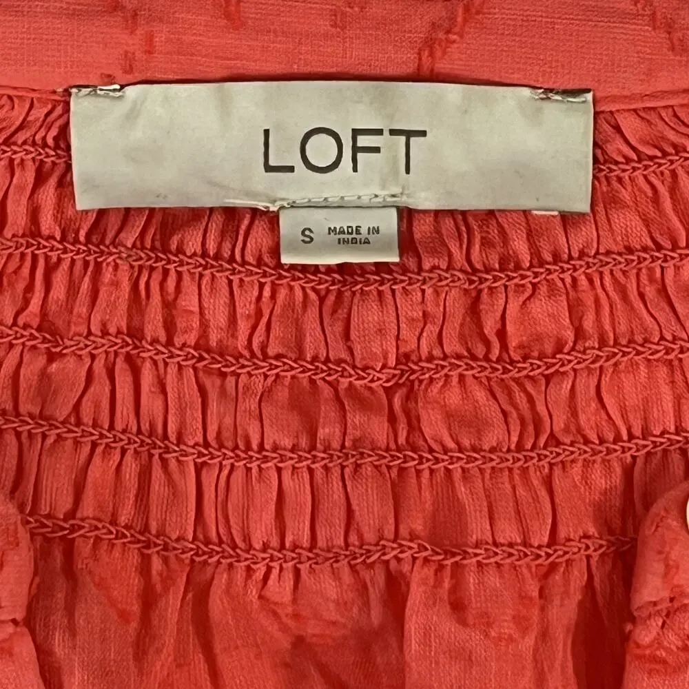 LOFT Coral Pink Textured Button Front Puff Sleeve Blouse Size S